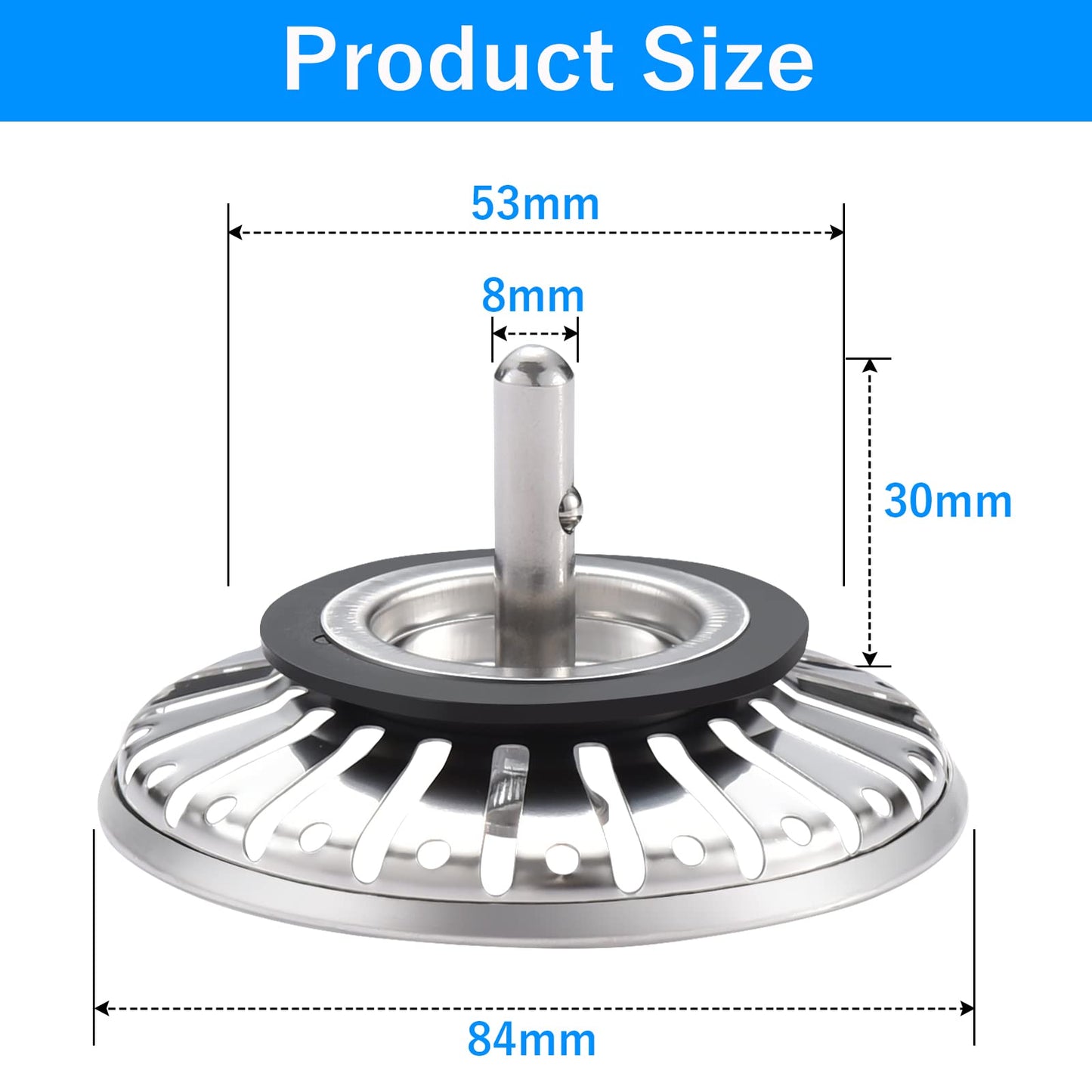 84mm Kitchen Sink Bowl Strainer and Plug, Stainless Steel Sink Plug for Kitchen Bowl Use, Kitchen Bathroom Food Hair Catcher Filter Stopper