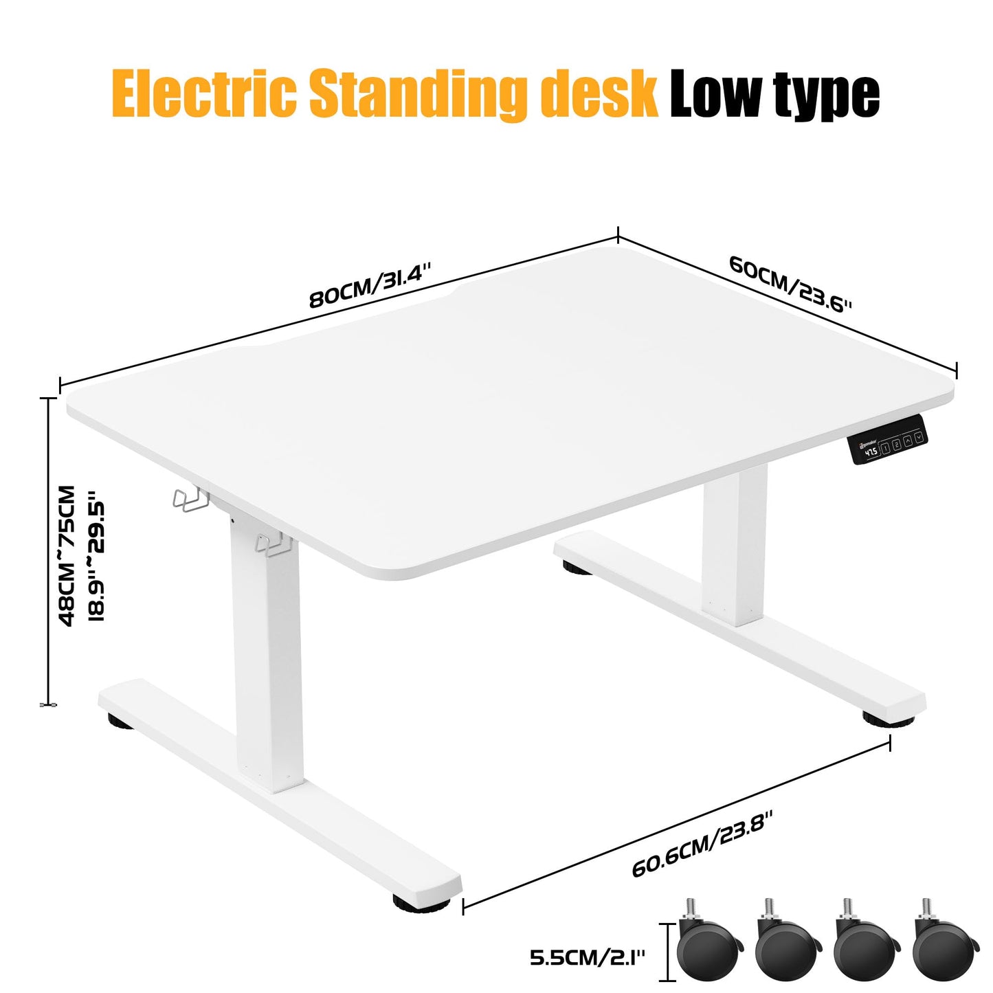 ERGOMAKER Low Height Electric Standing Desk 80x60cm, Lifts 48-75 cm, White