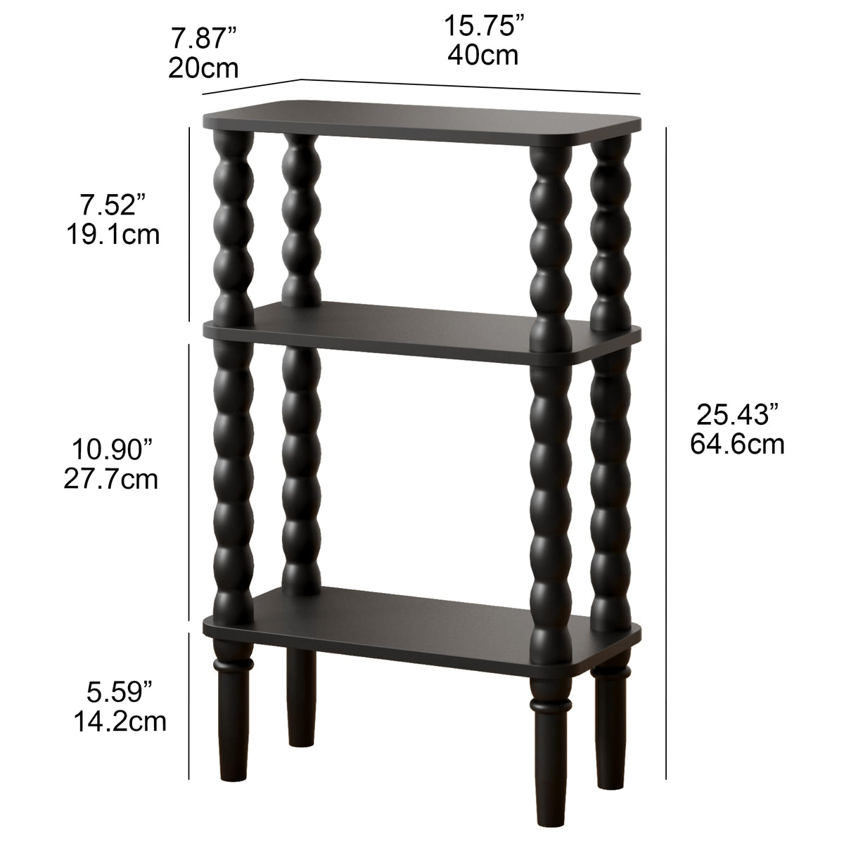 JERX 3-Tier Narrow Side Table Small End Table Black