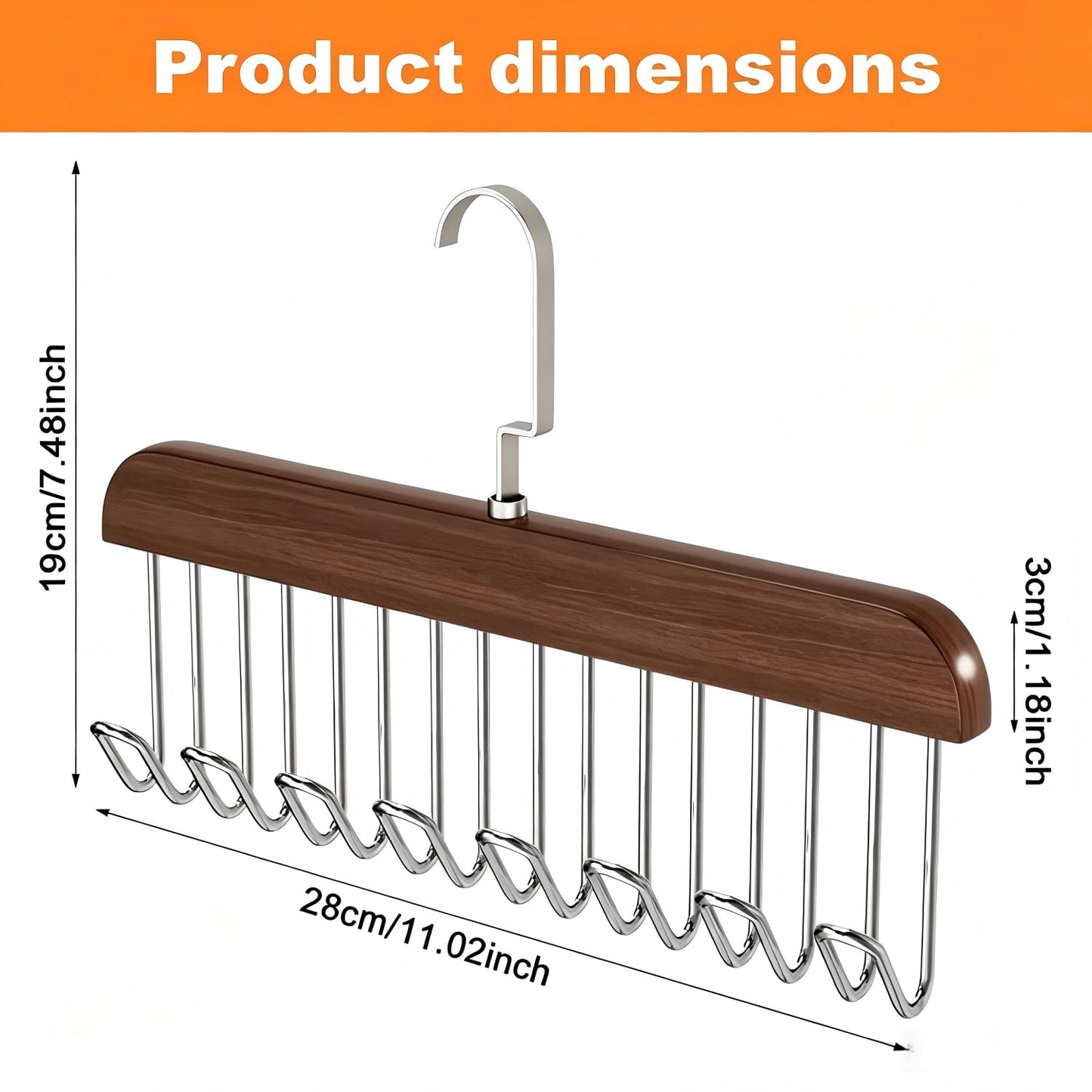 JXAurix 2 Pack Non Slip Wooden Multi Hook Hanger 8 Hooks Each 360° Rotatable U-Shaped Heavy Duty 40kg Load Bearing Wardrobe Organiser for Belts Ties