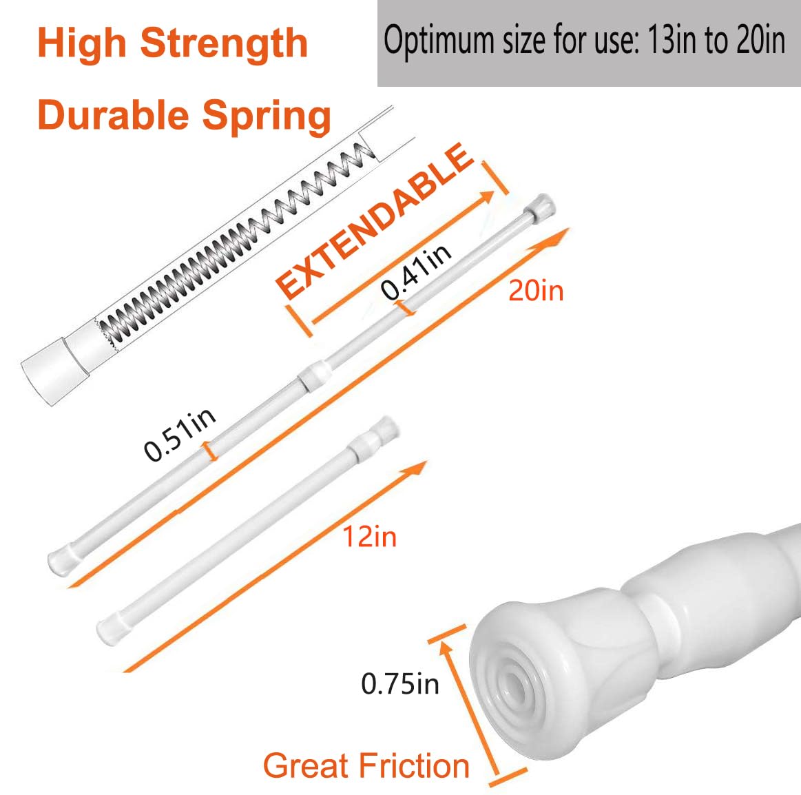 2 Pack Small Tension Rods 12 in to 20 Curtain Rods Window Rods in Extendable Width Spring Cupboard Bars for Kitchen Utensils, Closet, and Cabinet