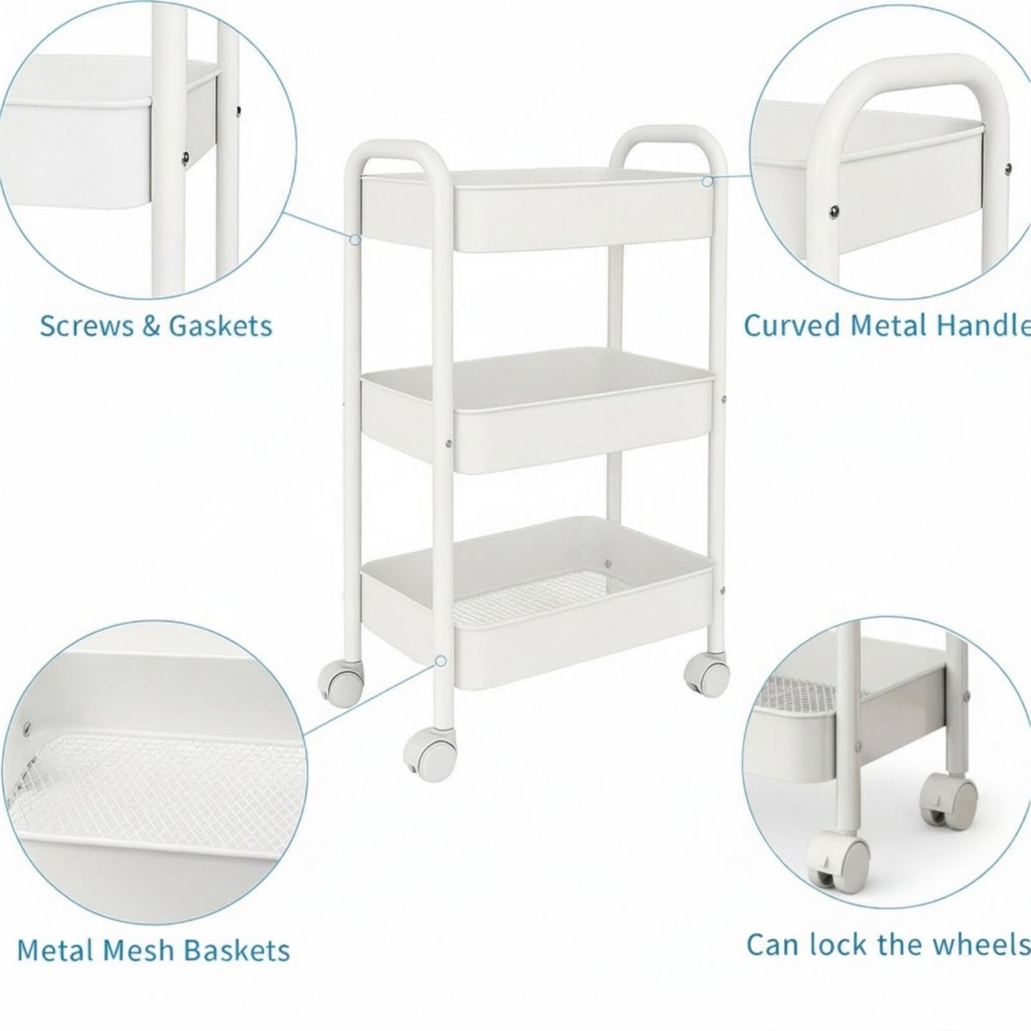 Nikphobos 3 Tier Storage Trolley, Metal Trolley Rolling Utility Cart on Wheels with Hooks, Multi-Purpose Organizer for Kitchen Bathroom Bedroom Office