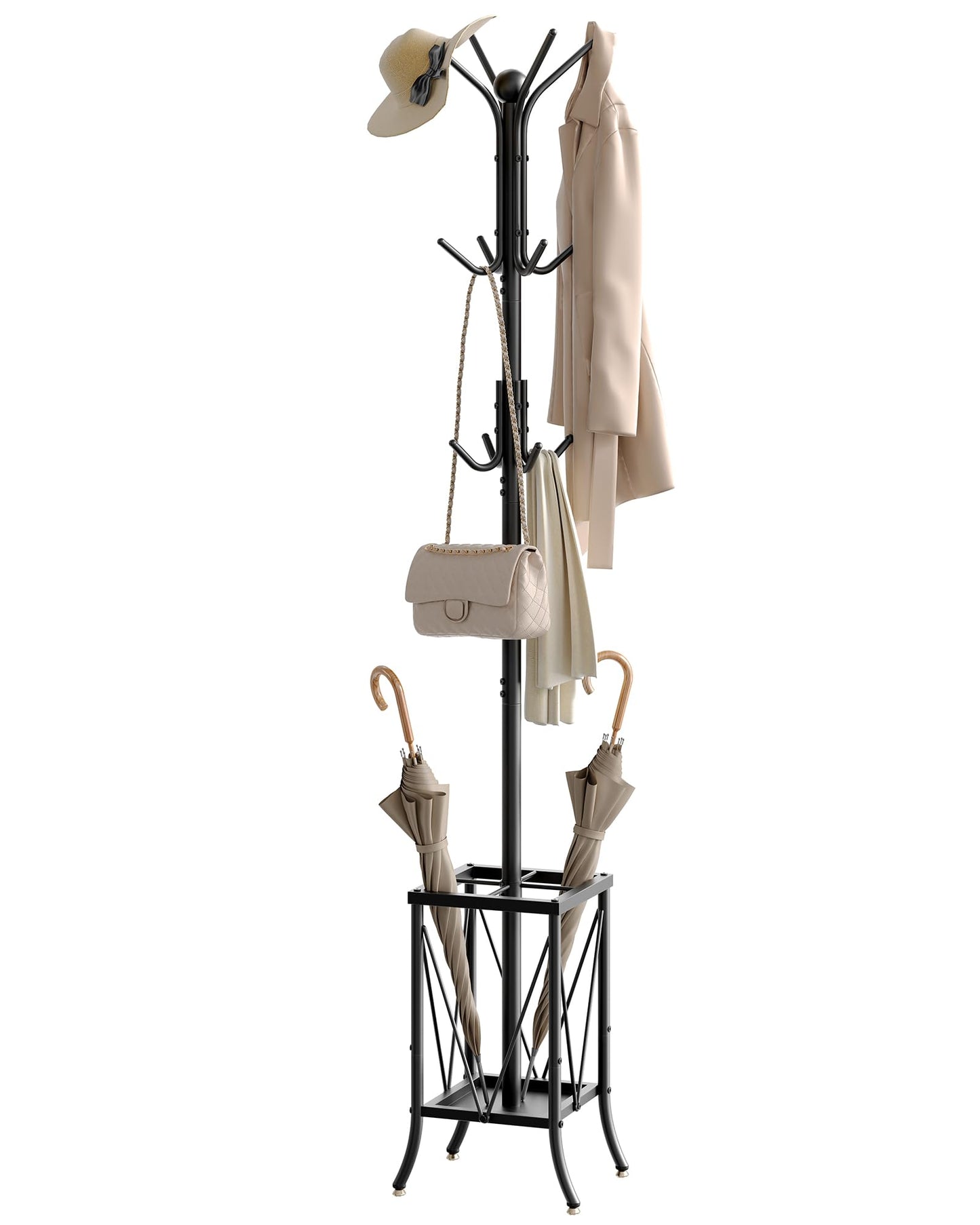 CHOEZON Coat Rack Freestanding, Coat Stand with Umbrella Holder, Entryway Hanger Stand with12 Hooks, Metal Hall Tree for Bags, Coats, Hats, Entryway
