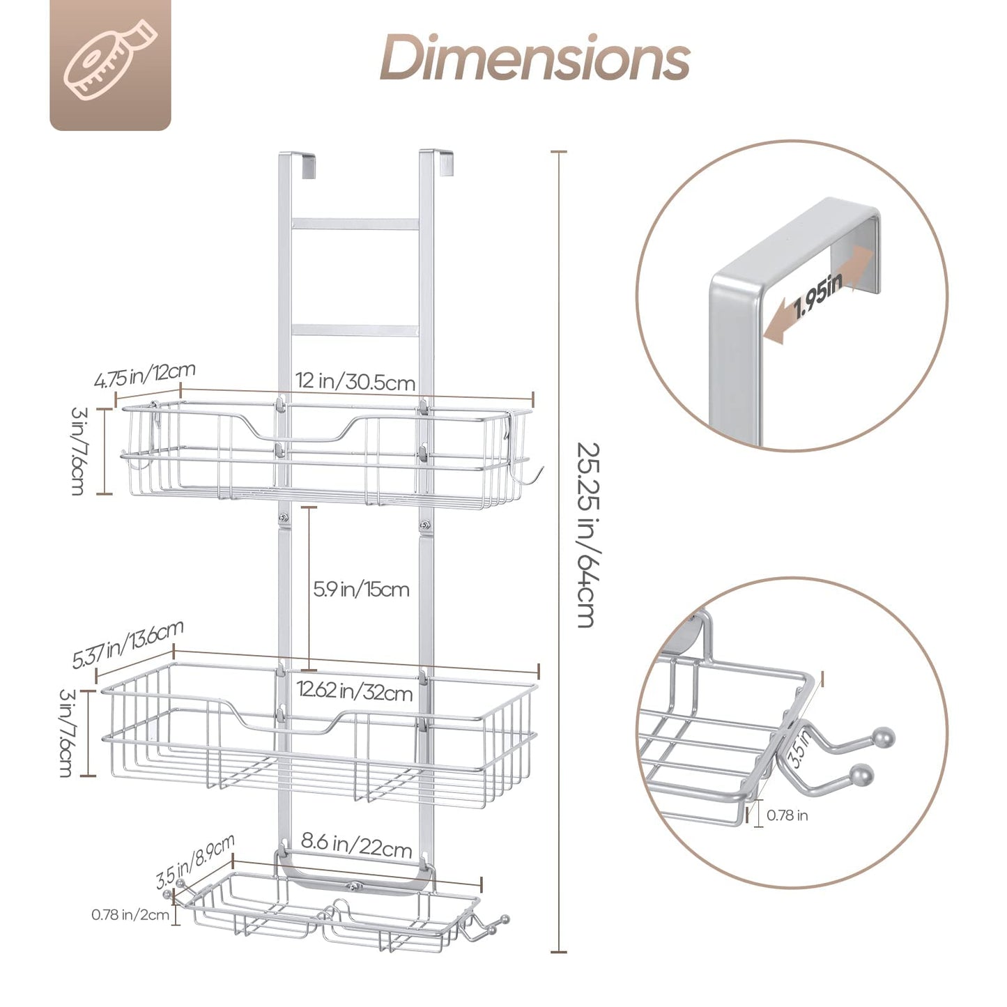 KANEODOT Shower Caddy Hanging, Over The Door Shower Storage, 2 Tier No Drilling Shower Shelf with Soap Holder for Bathroom Kitchen Silver Grey
