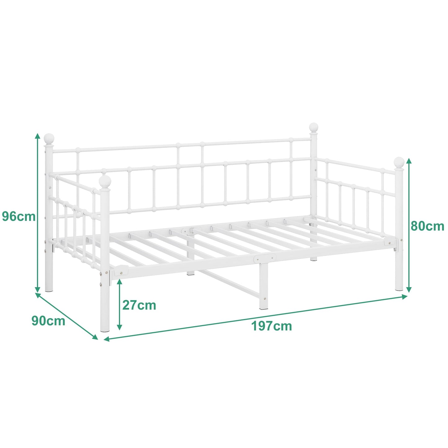 HOMERECOMMEND Single Daybed Frame 3ft Sofa Bed Steel Slats Platform,White