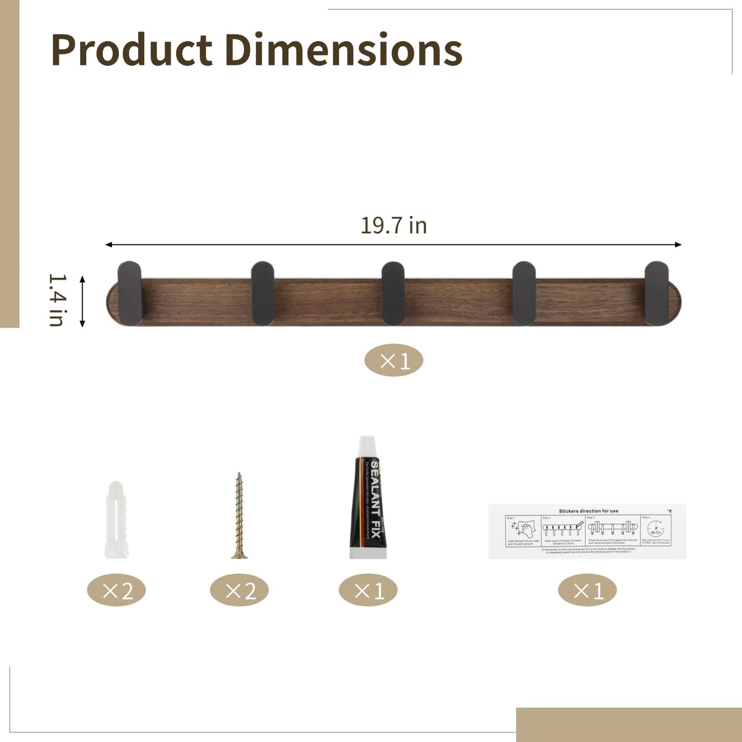 Varku Coat Hooks Wall Mounted, Walnut Wood Coat Hooks, Coat Rack Wall Mounted with 5 Hooks, No-Drill Installation