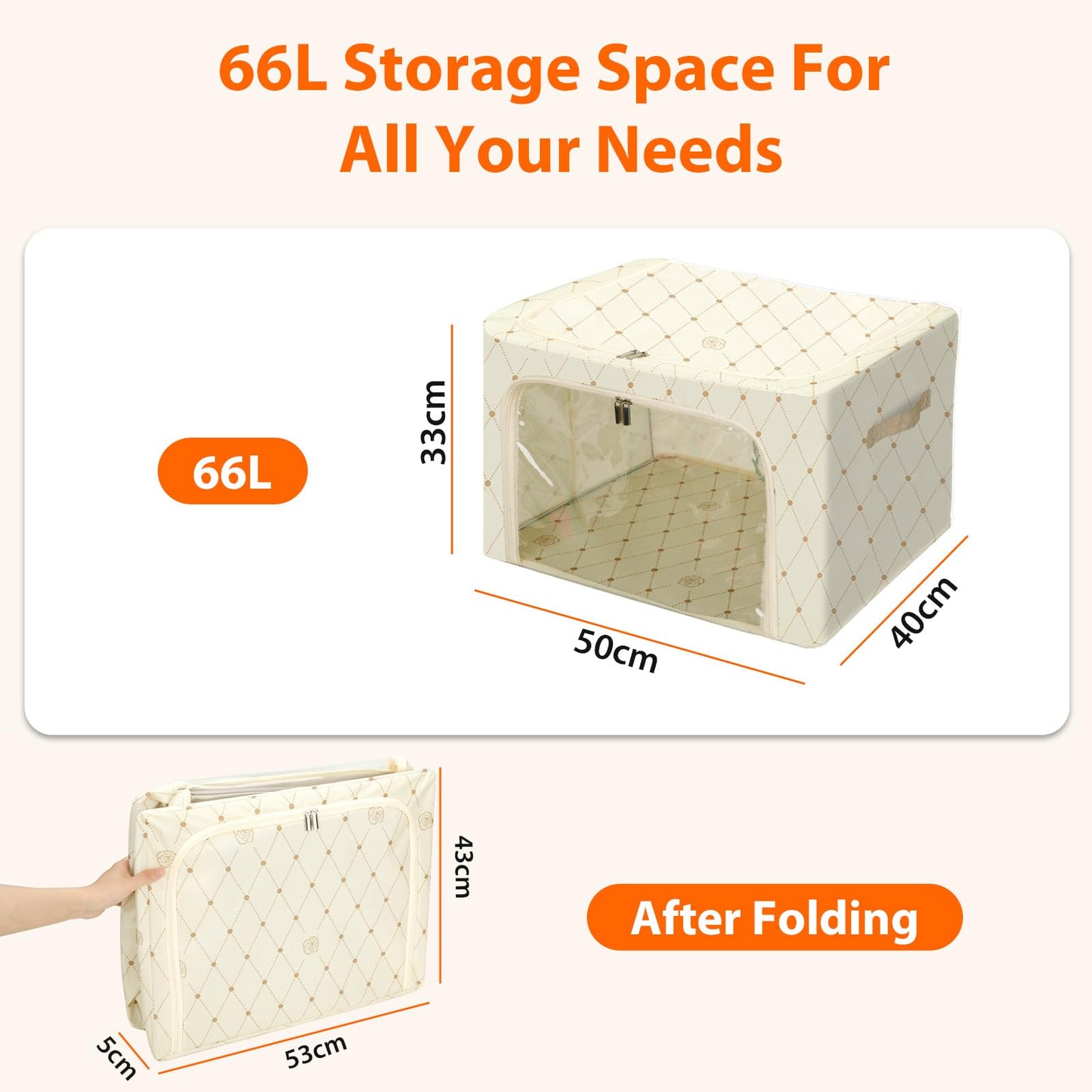 Cozary 66L Storage Box with Lid, Storage Bag for Duvets with Zips, Metal Frame, Sturdy Foldable Clothes Storage Box for Clothes
