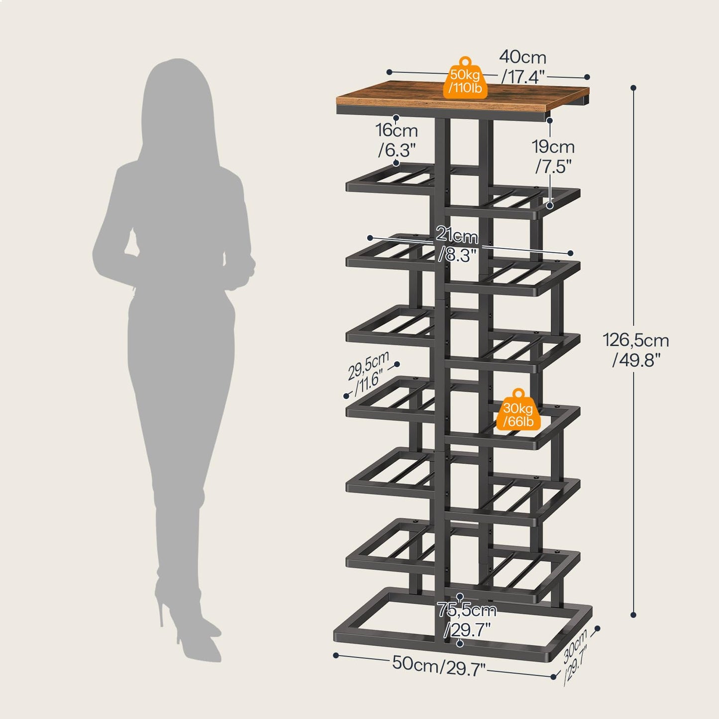 HOOBRO 8-Tier Shoe Rack, Entryway Shoe Organiser, Tall Shoe Storage with Metal Frame, Space-Saving Shoe Stand for Hallway, Bedroom, Living Room