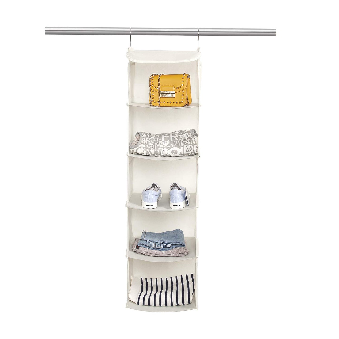 BrilliantJo Hanging Storage with 5 Shelves Wardrobe Closet Organiser, Storage Shelves Unit with 6 Pockets for Clothes - Beige(30 x 30 x 108cm)