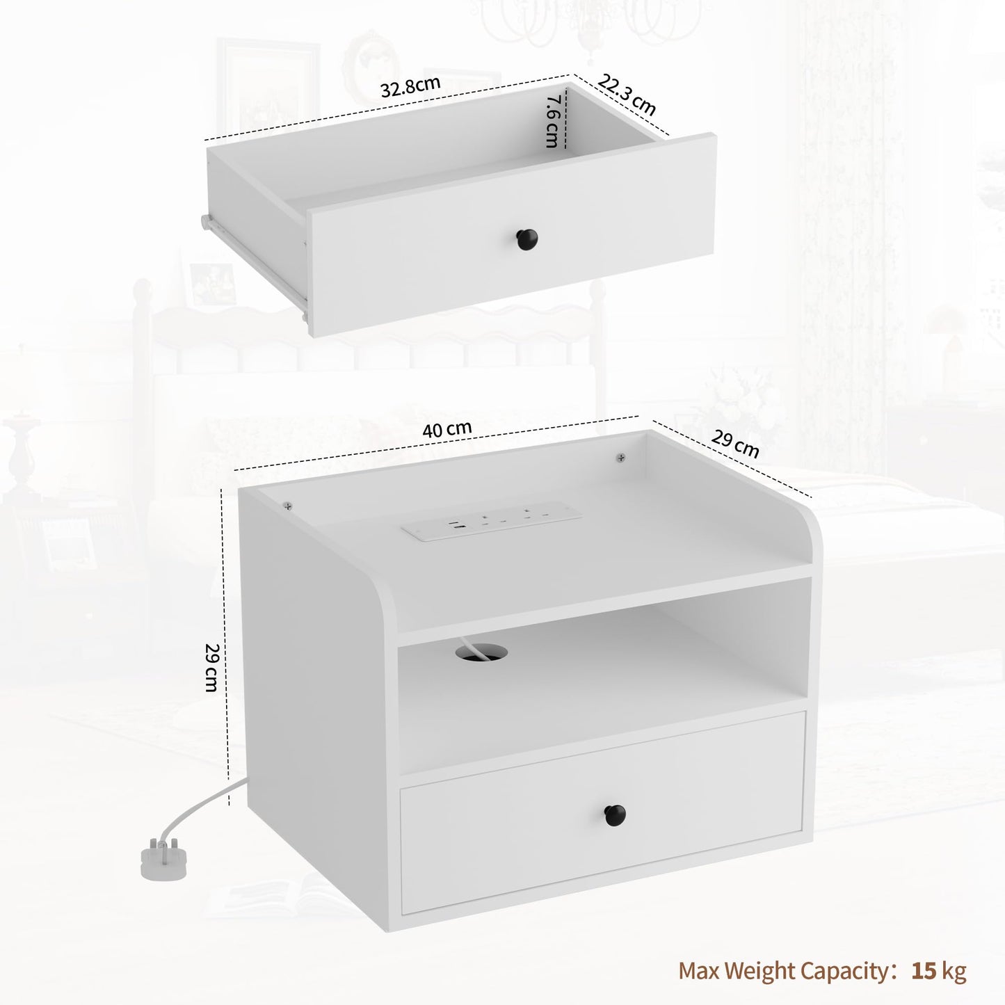 BonVache Set of 2 Floating Bedside Tables, Wall Mounted Bedside Table with Charging Station, Floating nightstand with Open Shelf and Drawer