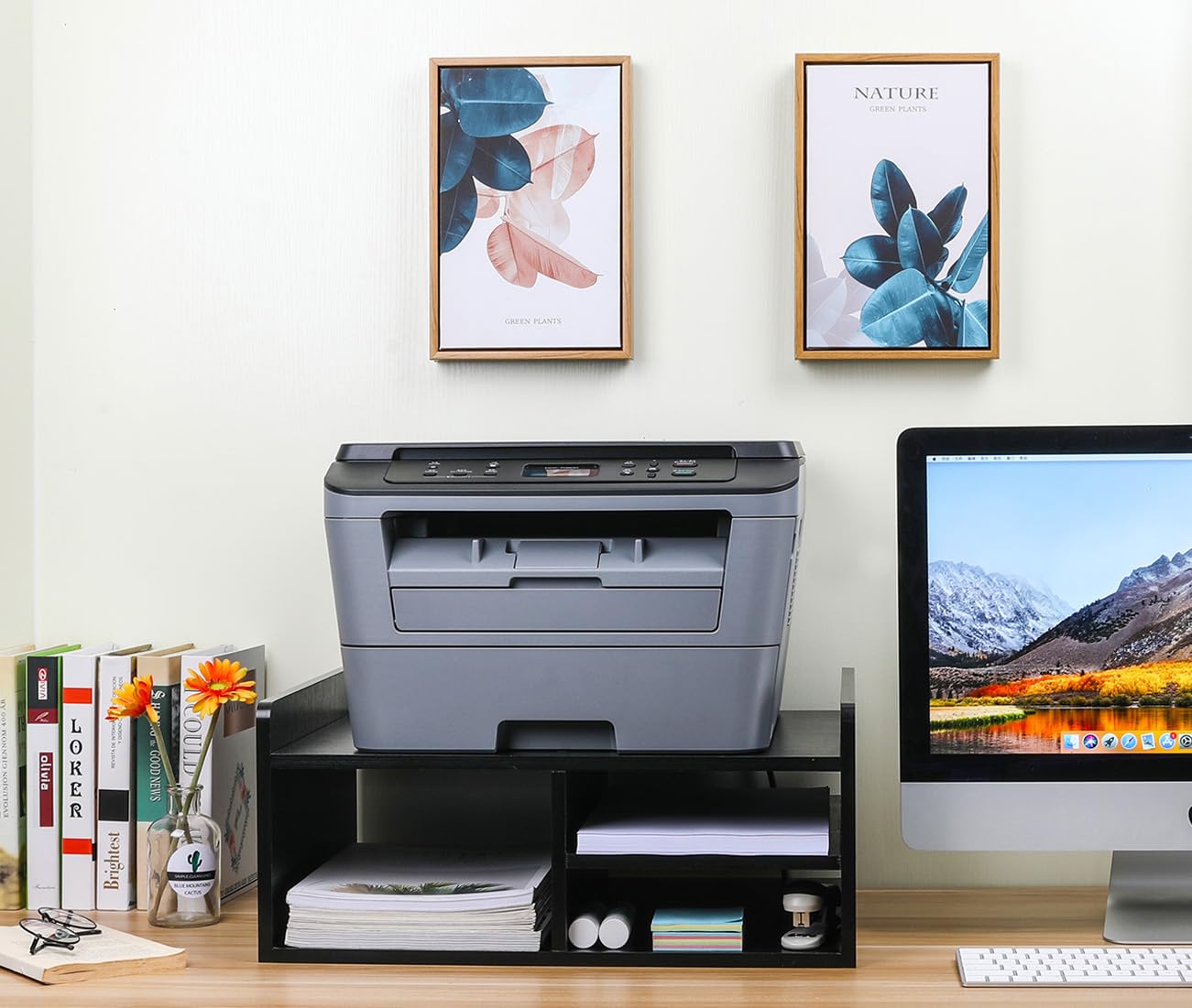 EasyPAG Desktop Wood 2 Tier Printer Stand with Storage Fax Shelf Office Desk Tidy Supplies Organiser A4 Paper Holder,Black