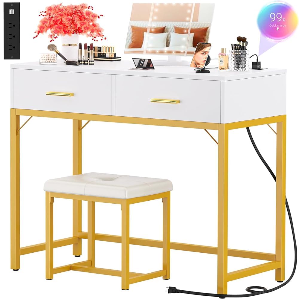 iSunirm 36 Inch Vanity Desk with Mirror and Drawers, Vanity Table and Stool, Dressing Table with Lights and Socket Strip for Bedroom, Gold