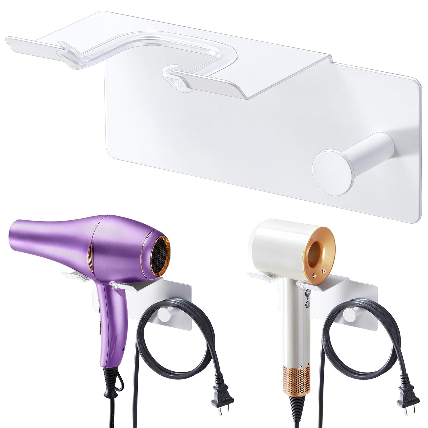 XILIMEN Hair Dryer Holder Wall Mounted, Blow Dryer Holder Adhesive, Metal Hairdryer Holder for Bathroom, Hair Tool Organizer with Plug&Cord for