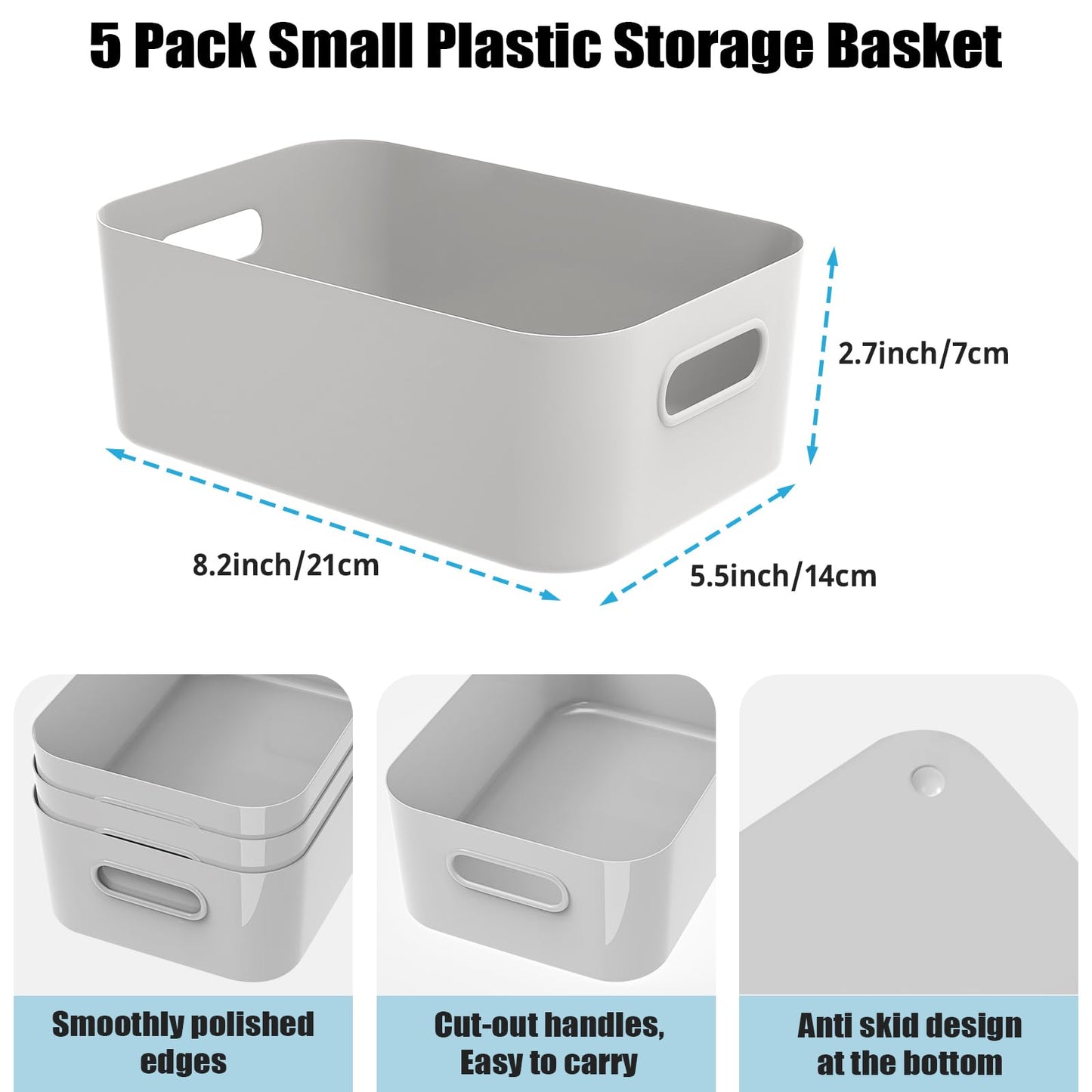 W&H 5 PCS Grey Plastic Storage Baskets with Handle, Rectangular Kitchen Organiser, Small Baskets for Storage, Plastic Boxes for Kitchen, Fridge
