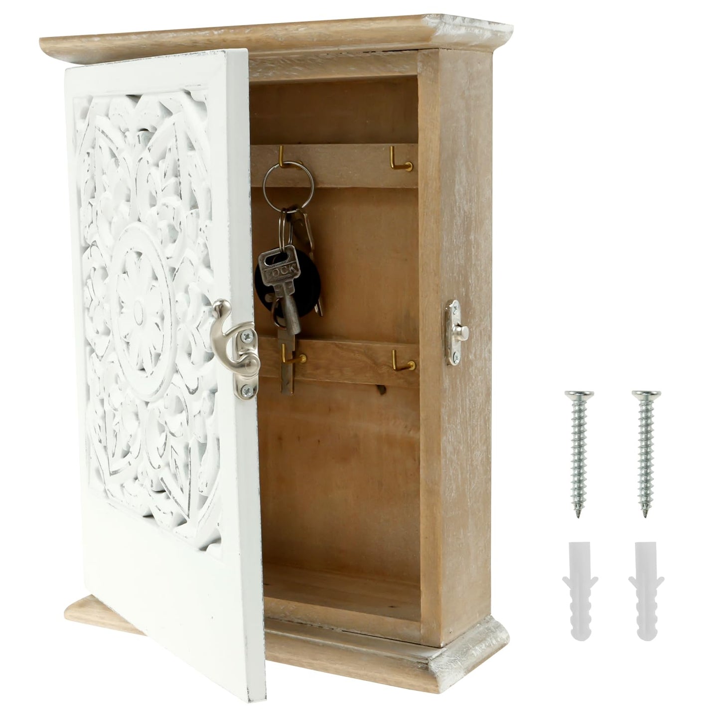 NIHUIFDPY Wooden Key Cabinet Wall Mounted, Decorative Hollow Design Key Storage Box 6 Hooks