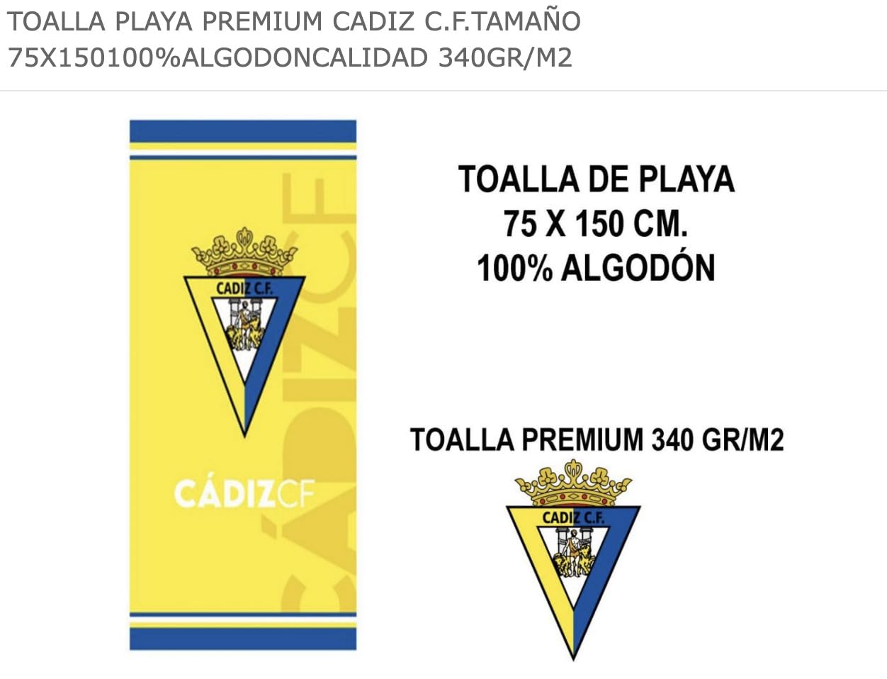 JYC CREATIVE Beach & Pool & Gym Towel, Football Gifts, Exclusive Fan Products, Ideal Gifts for Football Fans, Towel (P2, 75X150, Cadiz C F)