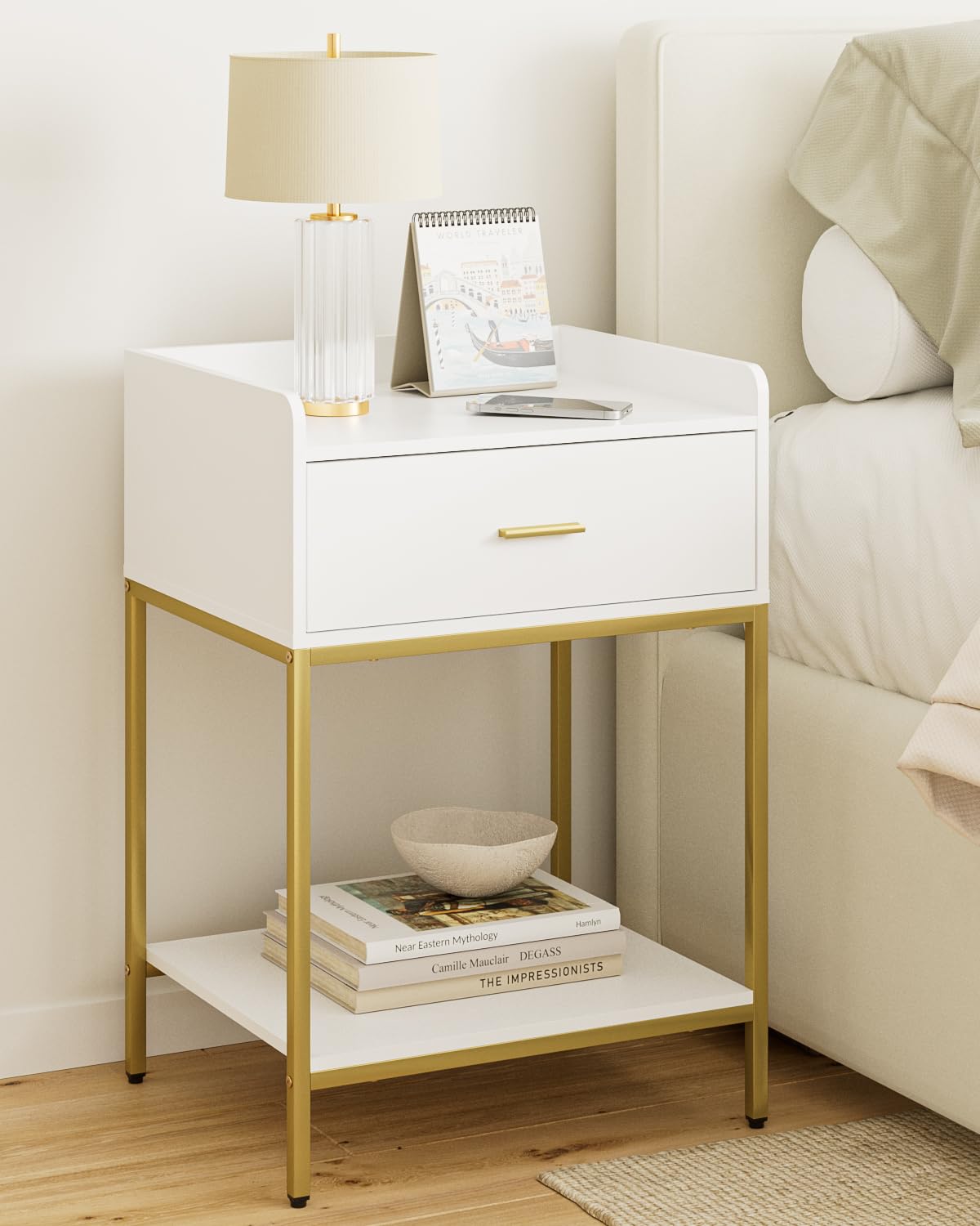HEYZOEY Bedside Table, 3-Tier Bedside Cabinet with Storage Drawer and Open Shelf, Small End Side Table with Gold Legs for Bedroom, Living Room