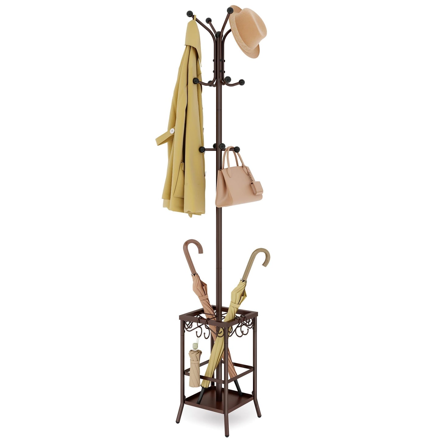 Hoctieon Coat Rack Freestanding, Coat Tree with Umbrella Holder, Metal Coat Rack Stand with 12 Hooks, Standing Coat Hanger Stand