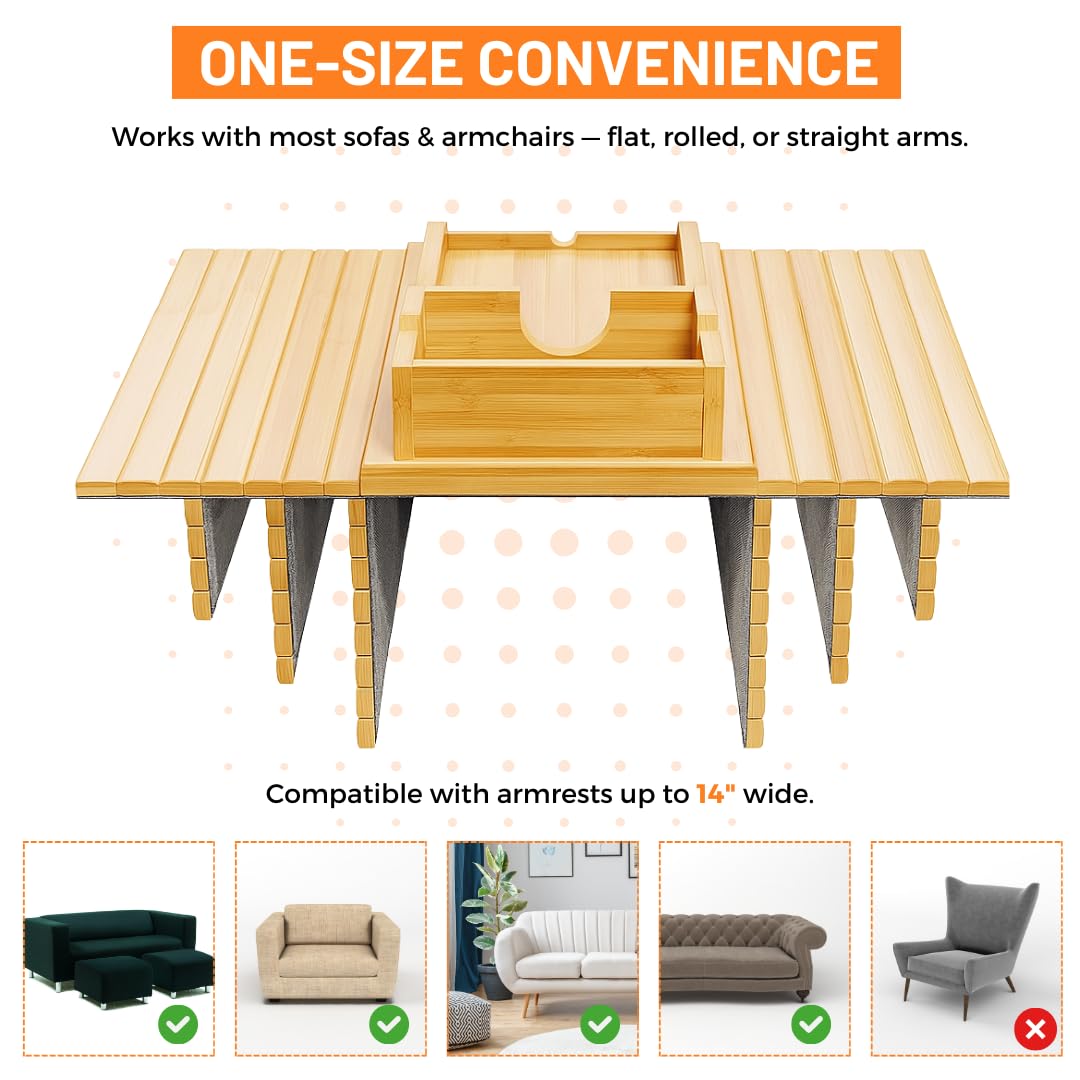 Hazzas Bamboo Couch Armrest Table, Sofa Arm Tray with Detachable Couch Cup Holder - 2 in 1 Anti-Slip Foldable Sofa Armchair Caddy Table