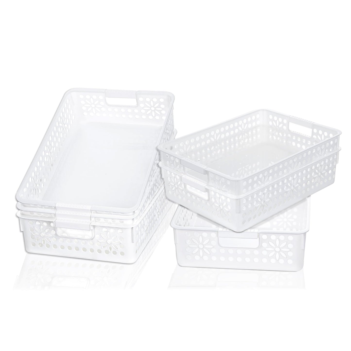 Cetomo Plastic Storage Box, Storage Baskets with Handle, Shelf Basket Organizer with Hole, Open Top Storage Bin for Home Kitchen Office, White