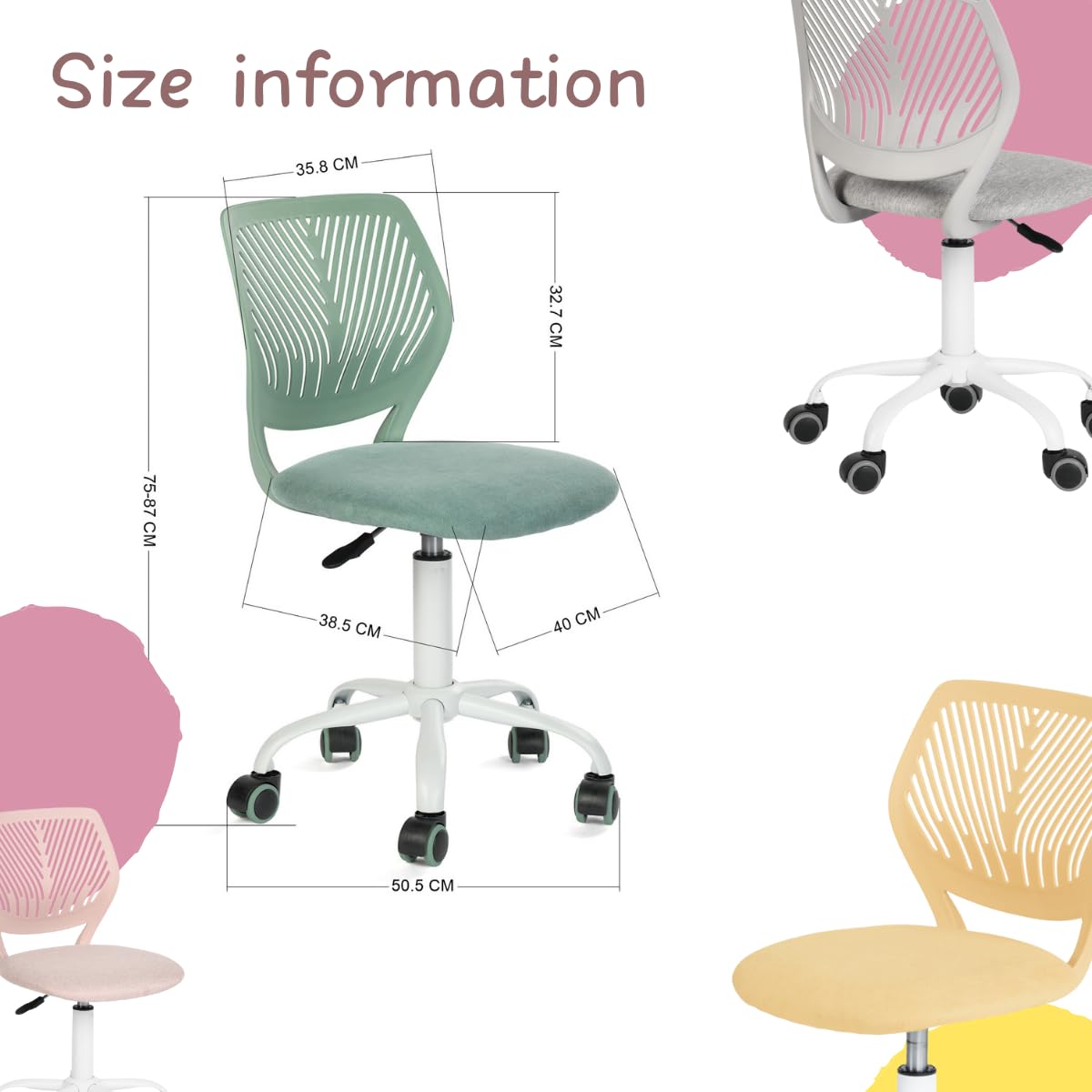 FurnitureR Gaming Children, Office, Gamer, Desk Chair, Ergonomic Modern Design, Armless, Seat Height Adjustment, Rubber Wheels, Peach Pink