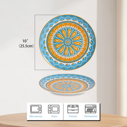 AHX Dinner Plates Set of 6-10 Inch Large Ceramic Plate for Salad, Pasta, Steak - Colorful Patterns - Dishwasher and Microwave Oven Safe