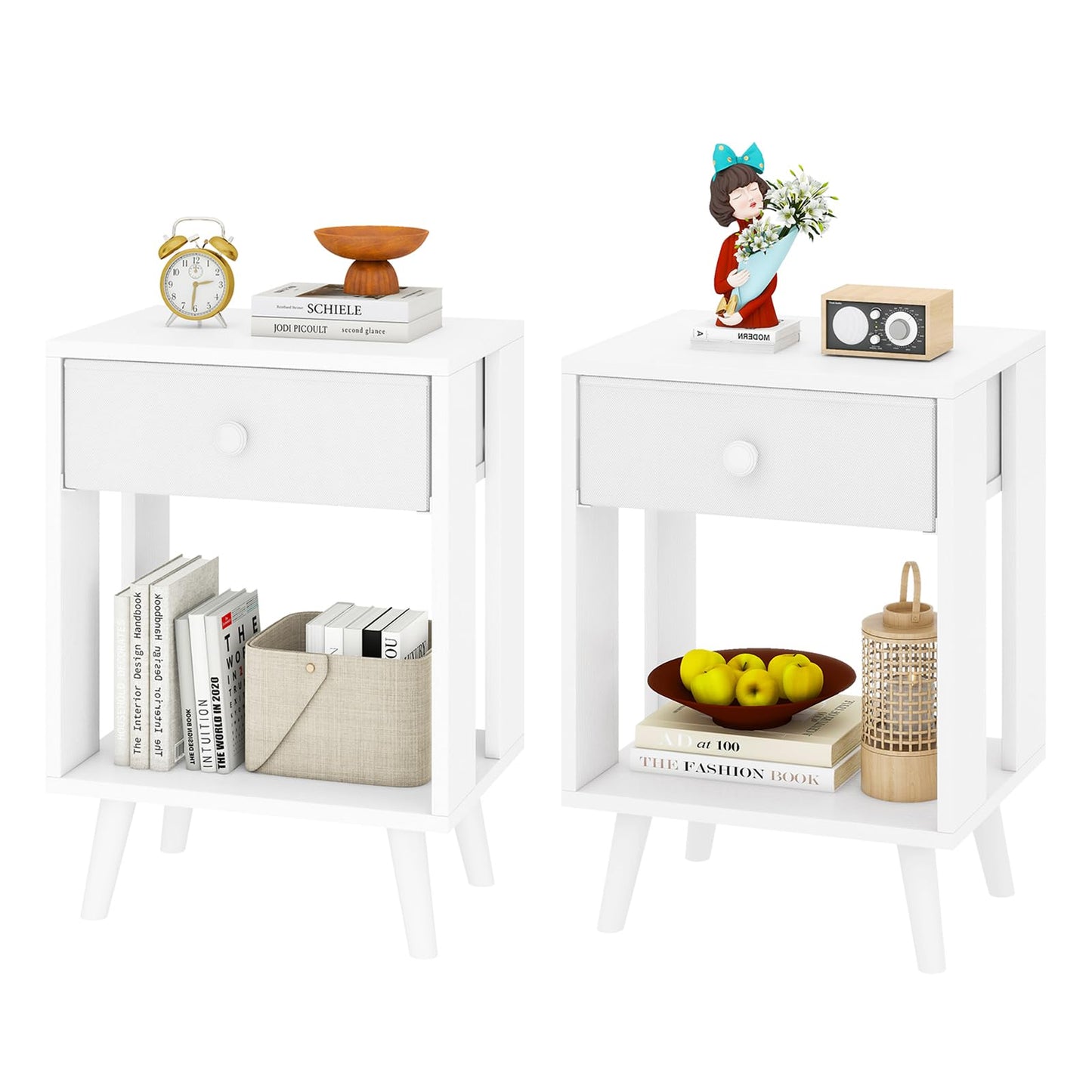 YMYNY Set of 2 Side Tables, Bedside Table, Sofa End Table, with Fabric Drawers and Open Shelf Unit, Solid Wood Legs, Nightstand, for Bedroom