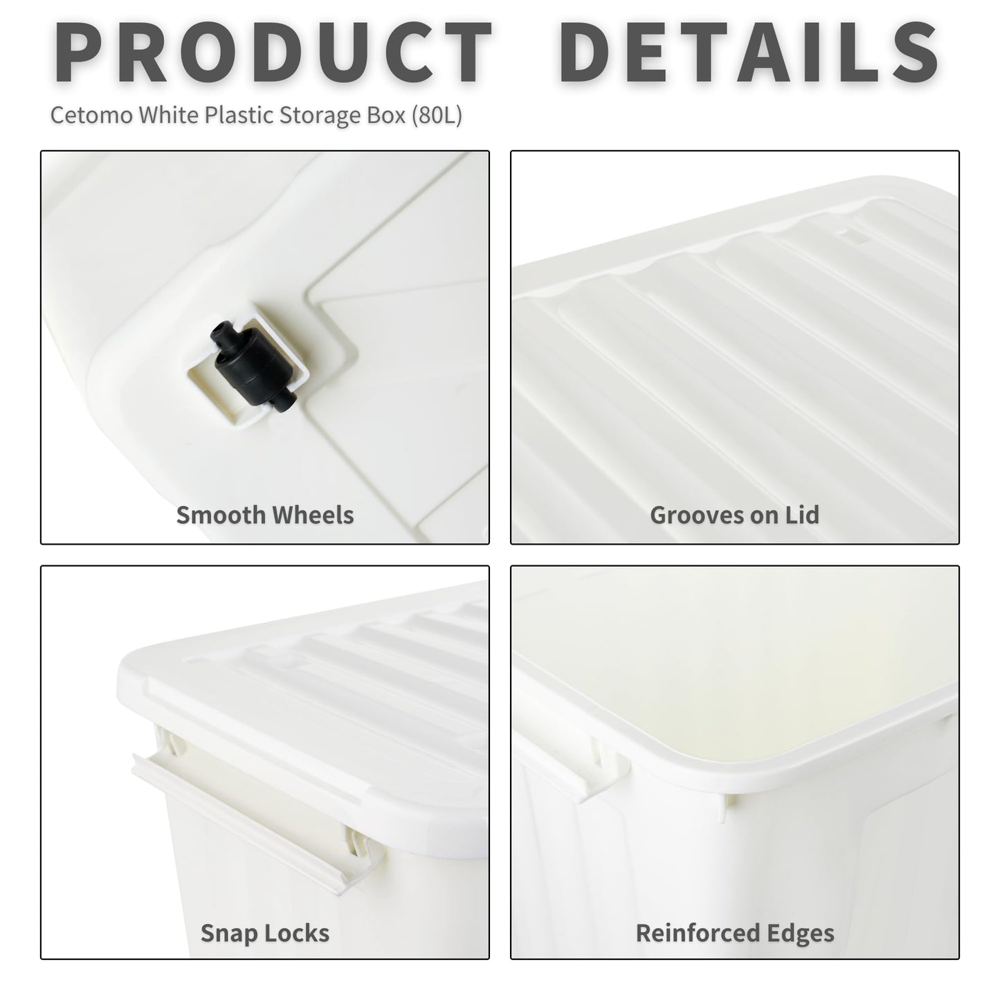 Cetomo 80L*4 Storage Boxes with Lids, Plastic Storage Box with Wheels and Secure Side Latches, Stackable & Nestable Organizer for Home, Office