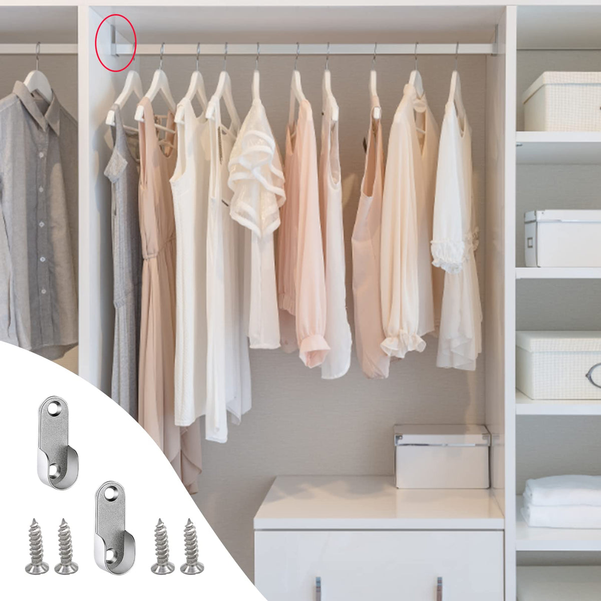 6-Piece Zinc Alloy Oval Wardrobe Hanging Rails Fittings - Easy Installation or Removal for Shower Curtain Closet Silver