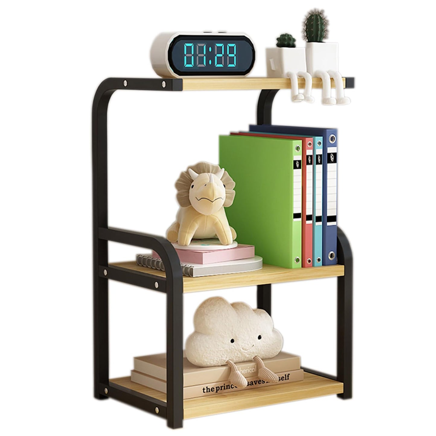 Numjeg Metal Desk Shelf Organizer, 3 Tier Office Shelves, Wood Desk Storage Rack and Freestanding Display Shelf for Office, Dressing Table