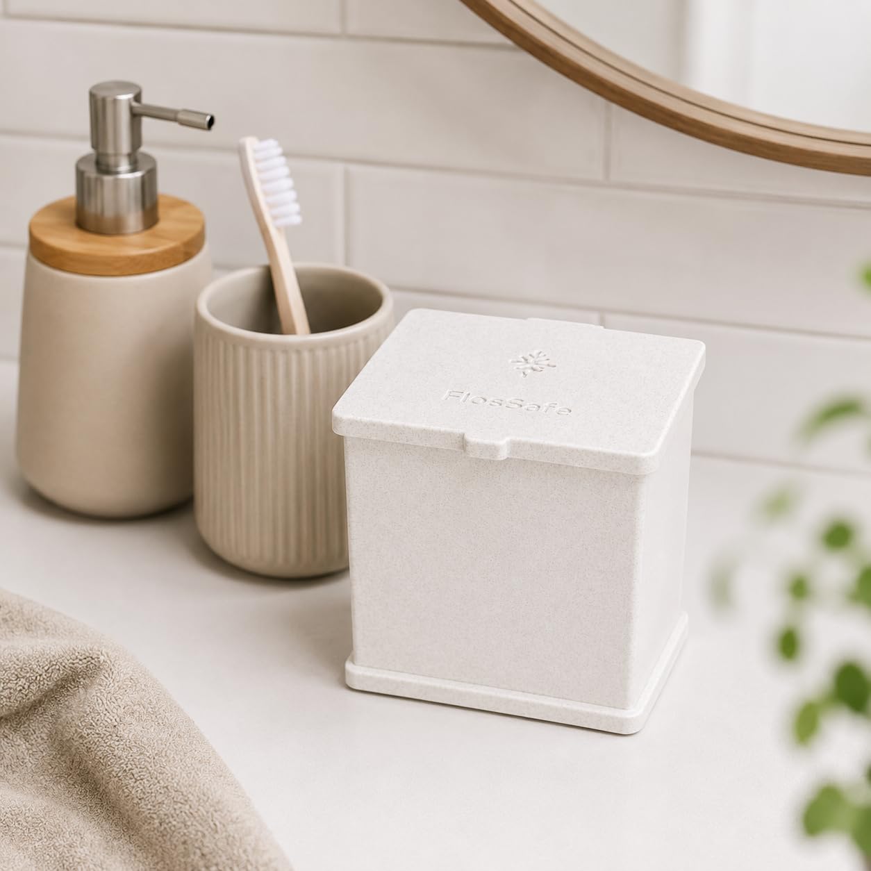 FlosSafe Interdental Brush Holder - TePe Compatible Dental Storage Box | Ventilated Hygienic Organiser | countertop Almond Stone