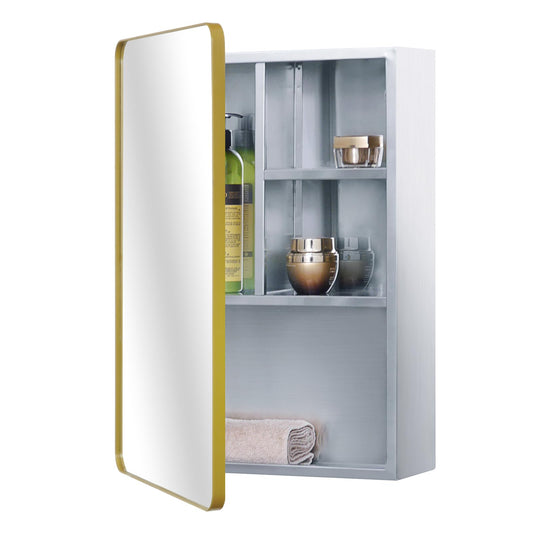 Fundin Stainless Steel Mirror Cabinet for bathroom with Golden Framed Door, multi shelves,37x53 cm (15 x 21 inch)