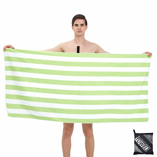 Large Microfibre Beach Towel for Adult,160x90cm Double Side Green Striped Sand Free Beach Towel,Lightweight Quick Dry Travel Swim Towel with
