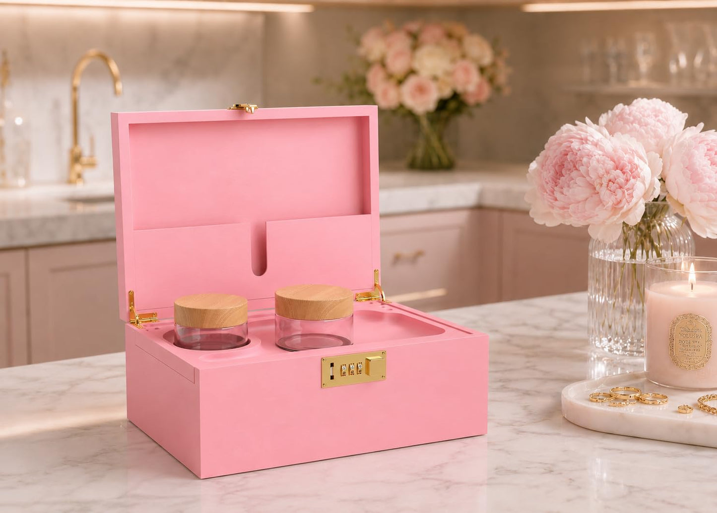 Pink Bamboo Wooden Stash Box with Lock, Wood Rolling Tray and Glass Storage Jars - Smoking Box with Lock, Glass Jars and Kit