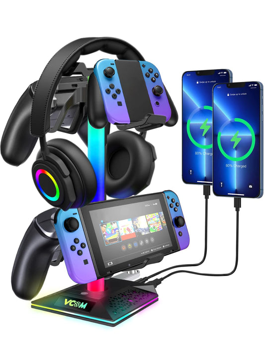 VCOM RGB Headphone Stand, Headphone holder with 2 USB and 1 Type-C Ports-Gaming Headset Stand with 10 Light Modes for Gamer Xbox PS5 Gameing Desk
