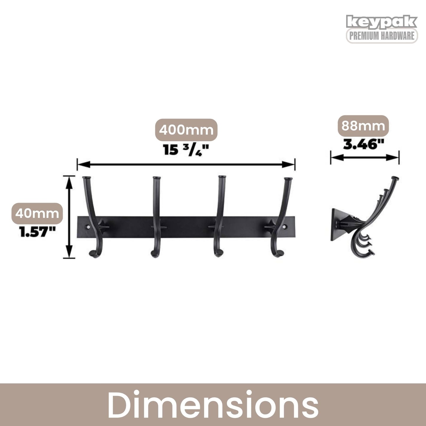 keypak 4 Metal Hooks on Black Modern Industrial Wall Mounted Coat Rack
