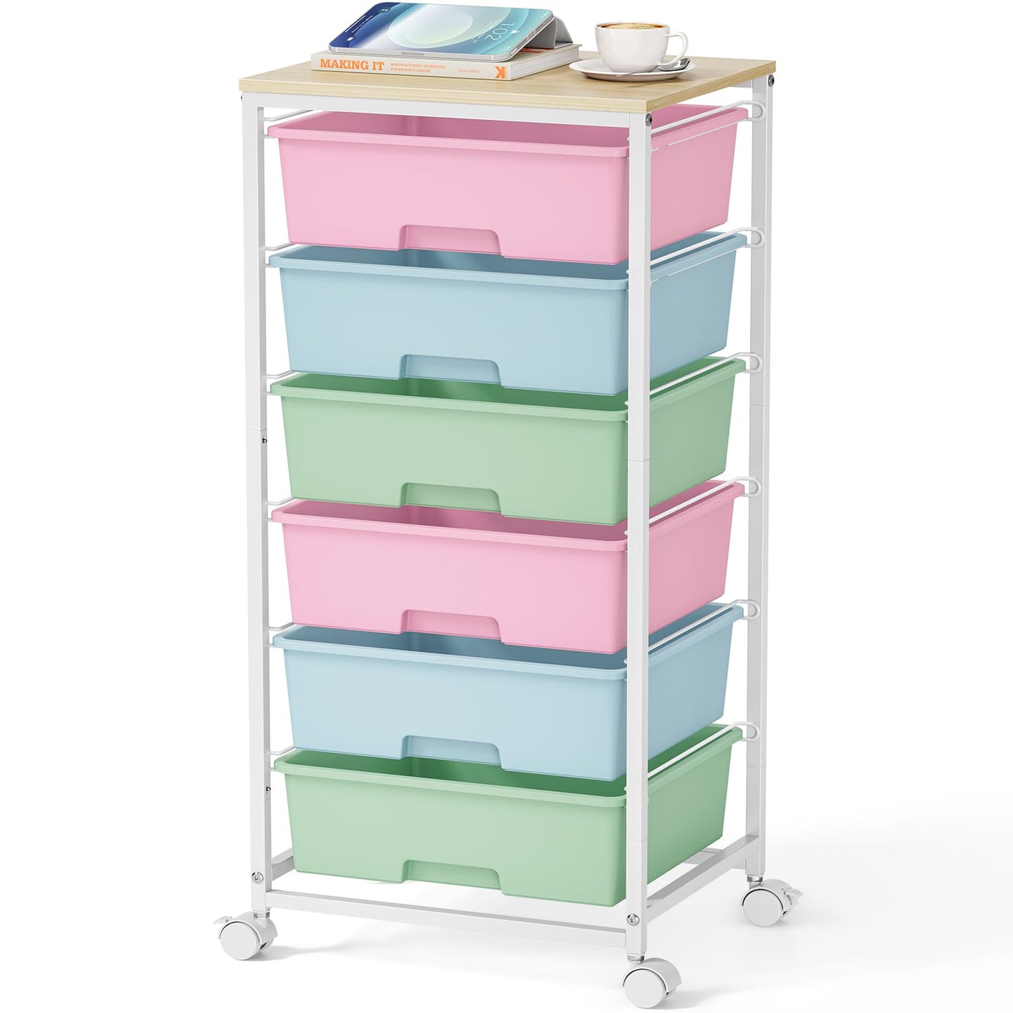6-Drawer Craft Organizer Trolley Cart with Wooden Top