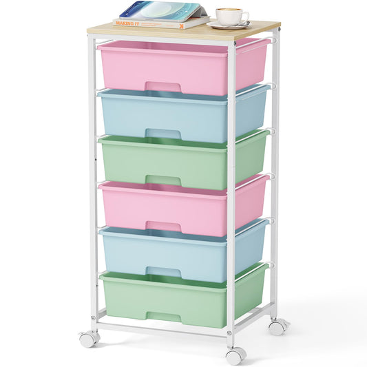 6-Drawer Craft Organizer Trolley Cart with Wooden Top