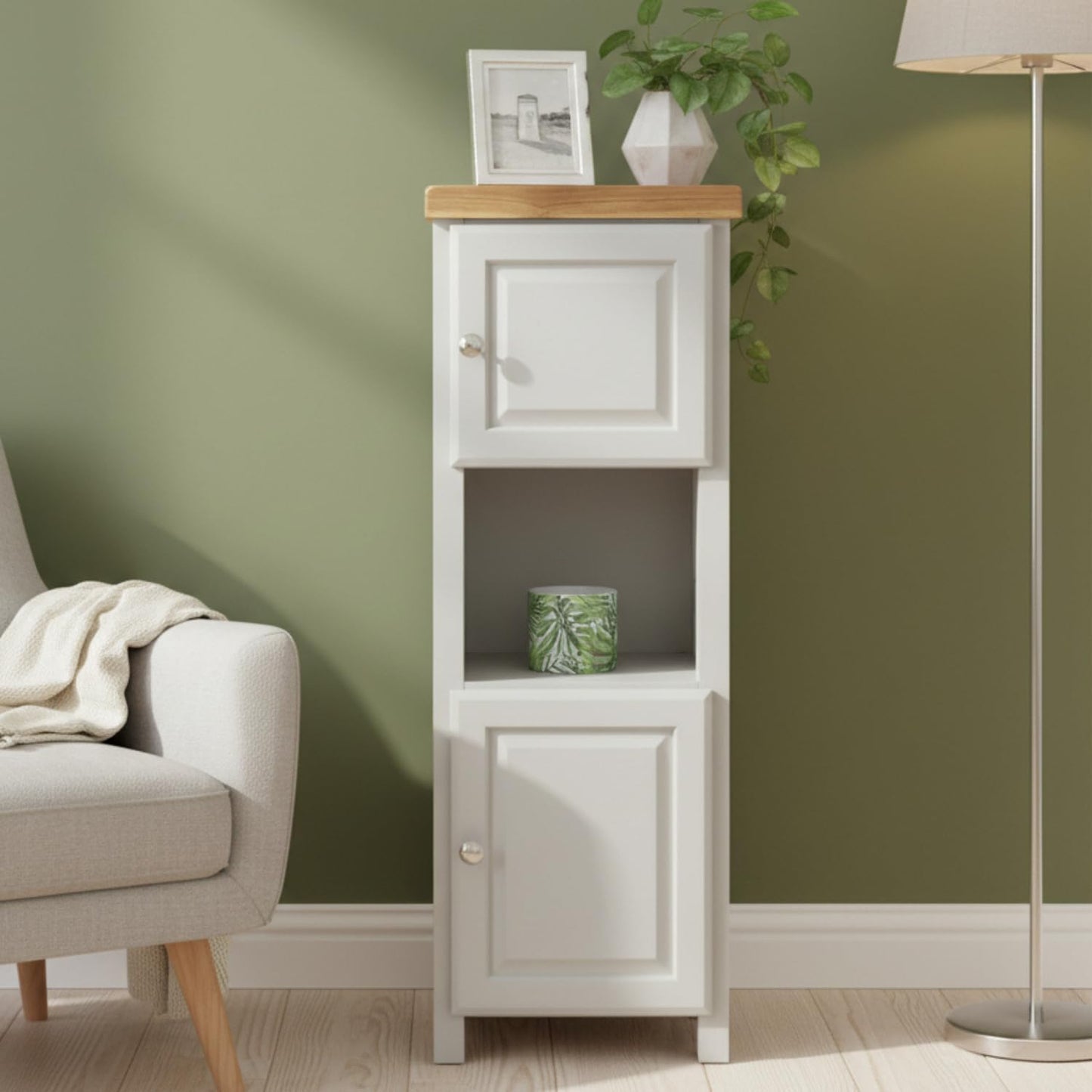 GROFurniture Tall Painted Slim Cabinet Grey, Hallway Storage or Livingroom Unit, Corner Display Unit with Shelf