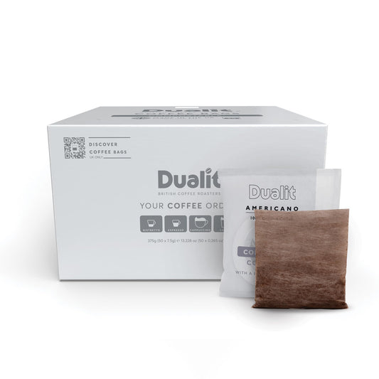 50 Premium Americano Coffee Bags by Dualit - Compostable Coffee Bag with Recyclable Sachet For Easy, Mess Free Coffee On The Go - Individually Wrapped