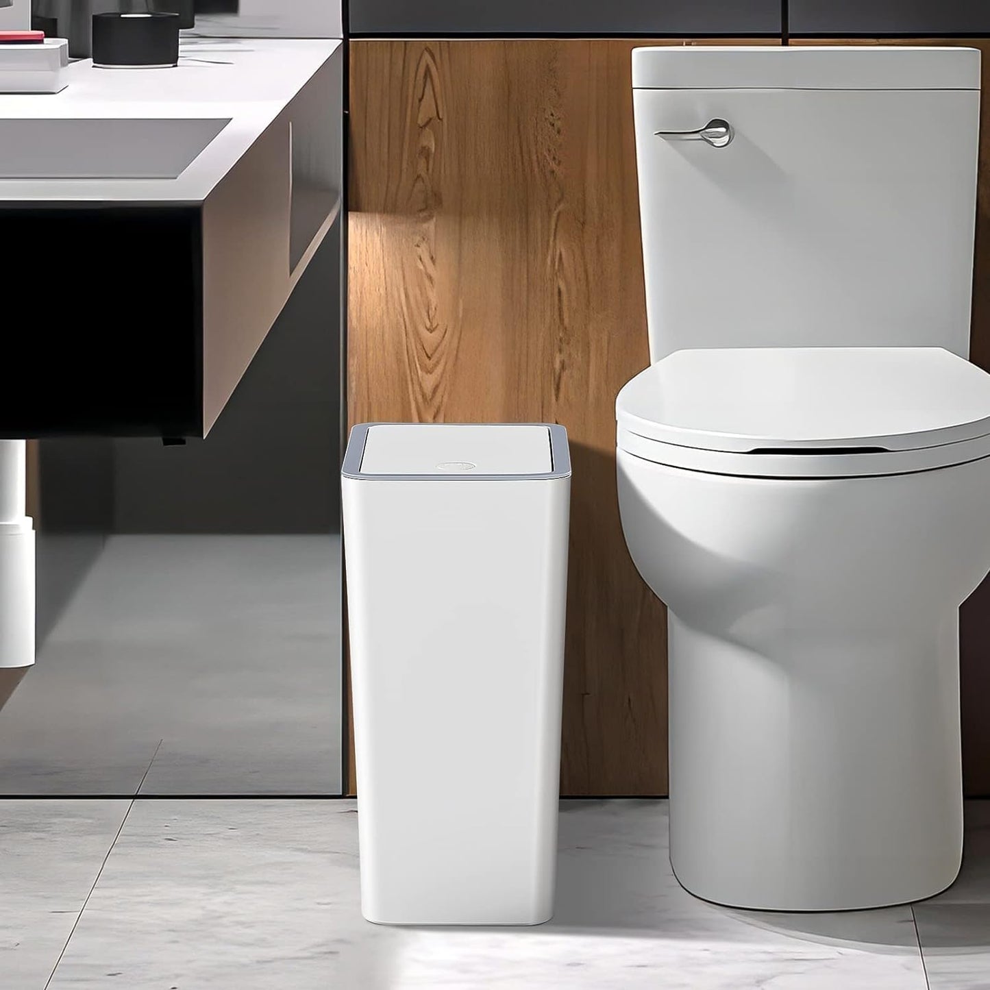 9L Bathroom Bin with lid,Kitchen Bins,Push Button Plastic Toilet Bin,Bedroom,Office,Living Room,Dog Proof (Grey)