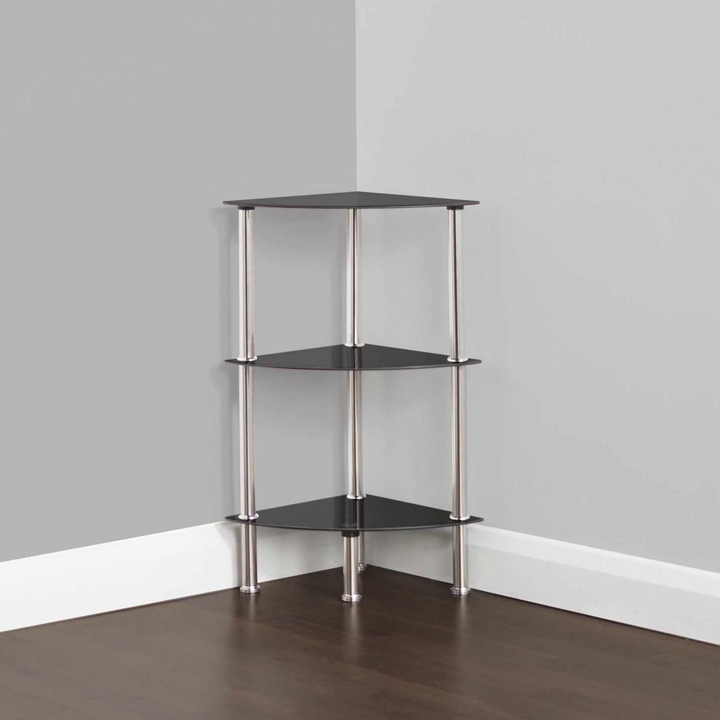 MAHARA 3 Tier Chrome Effect Black Corner Glass Shelving Unit - Tempered Safety Glass Shelves Max 5kg - Storage Unit W41cm x D30cm x H61.5cm
