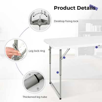 Byliable 4FT 122cm Folding Table Adjustable Height Heavy Duty White