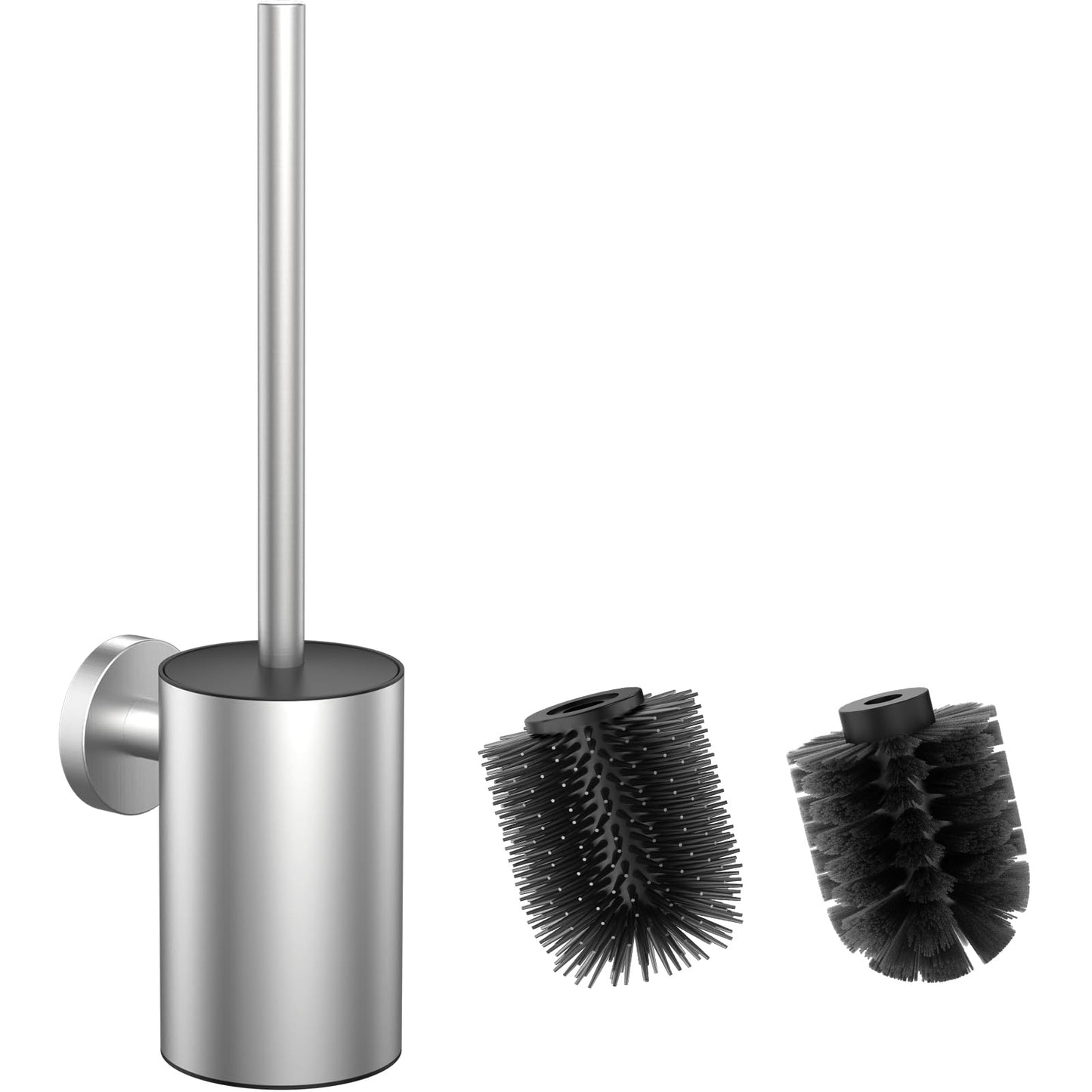 WAVEWO Silicone Toilet Brush and Holder, Toilet Brush Holder with 2 Brush Heads, Toilet Brush Made of 304 Stainless Steel for Bathroom Cleaning,