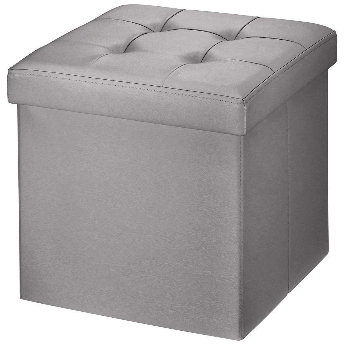 BRIAN & DANY Folding Ottoman Storage Box with Lid, Faux Leather Footstool Toy Storage Box Storage Seat 38 x 38 x 38 cm (Gray)