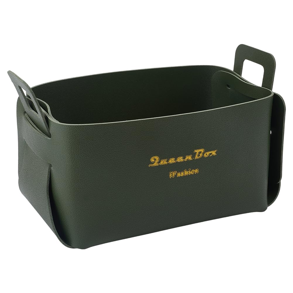 BEAMARKER Foldable Storage Basket Bin PU Leather Desktop Organizer Box Green Small Catchall Basket Rectangle Tray Double Handles for Entryway Bedside