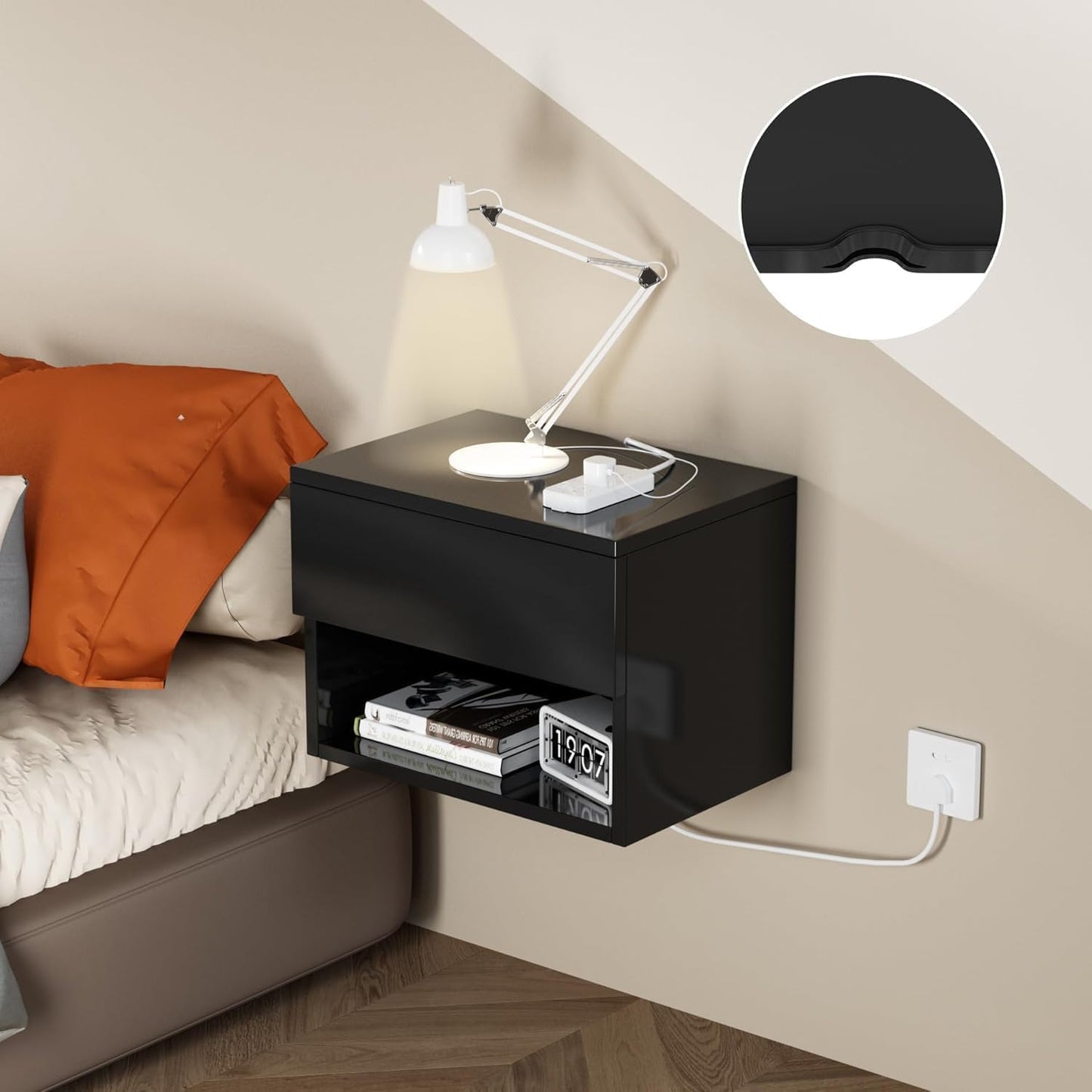 Kiseely Floating Nightstand, Modern Wall Mounted Bedside Table with Drawer, Wood Bedside Shelf & Desk, End Table Wood Modern Night Stand for Bedroom