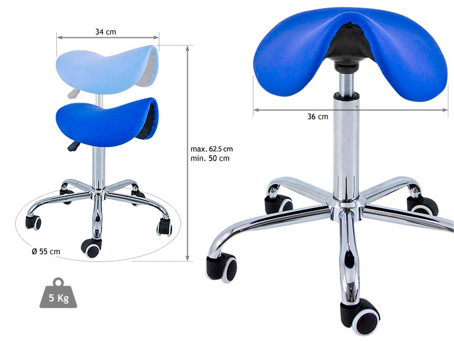 QUIRUMED Pony Stool 5 Wheels, Chrome Base, Silver Colour, Upholstered in Leatherette, Height Adjustable, Lightweight, Ergonomic Design, Rotary