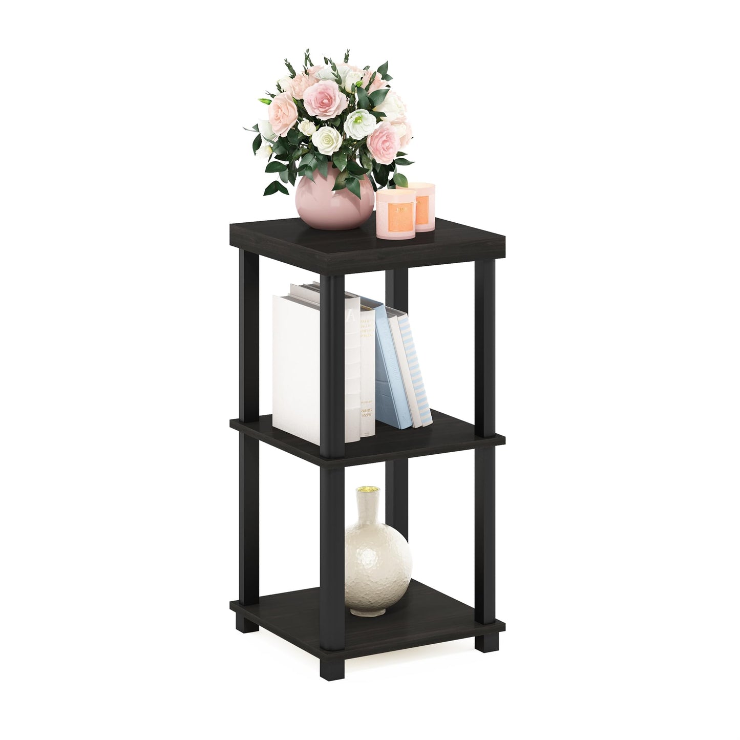 Furinno TURN-N-TUBE Side Table, 3-Tier Thick Tabletop End Table with Open Shelf, Toolless Assembly Night Stand, Bedside Table, for Living Room