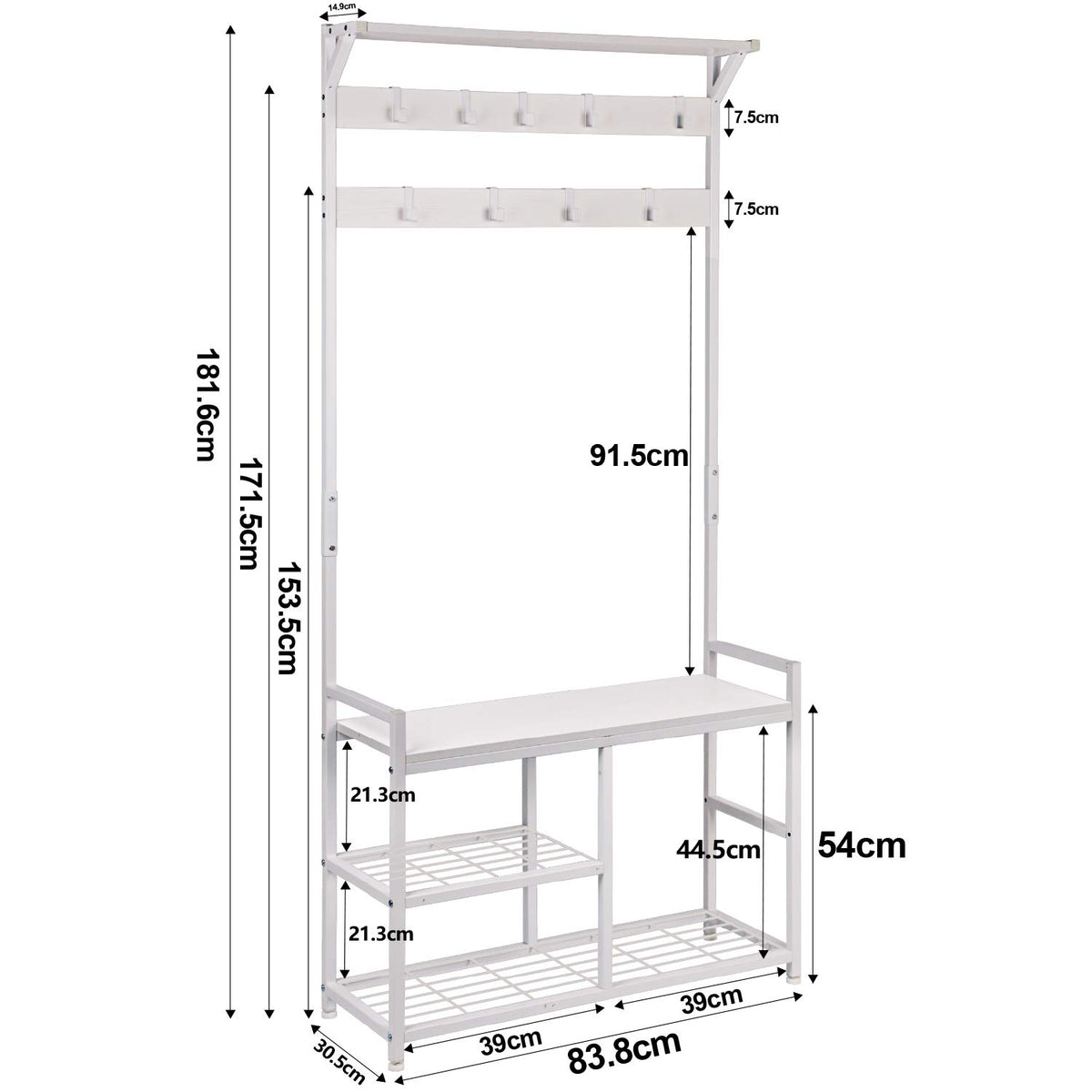 Industrial Coat Rack Freestanding Hall Tree 33"x12"x71.5" White